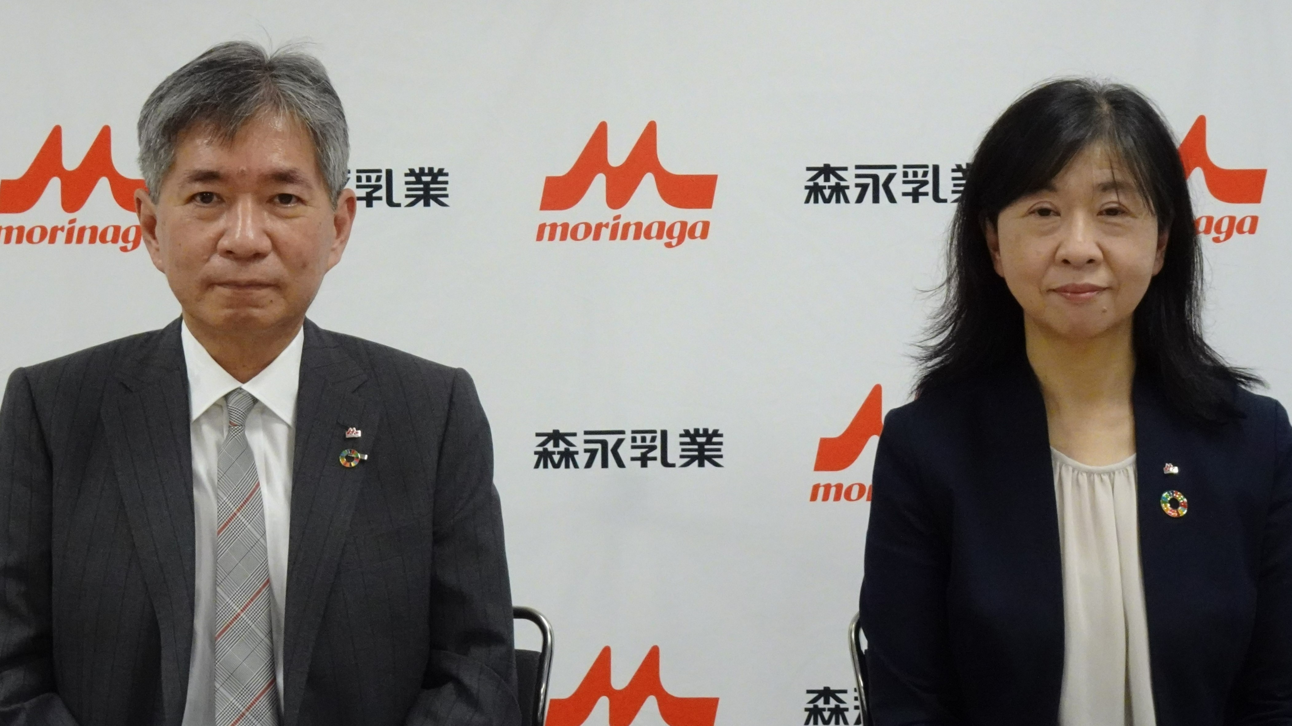 説明会に登壇した大貫陽一社長（左）と久野浩子常務執行役員サステナビリティ本部長