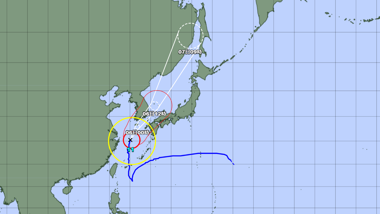 台風11号の予想経路図（気象庁、5日12時現在）
