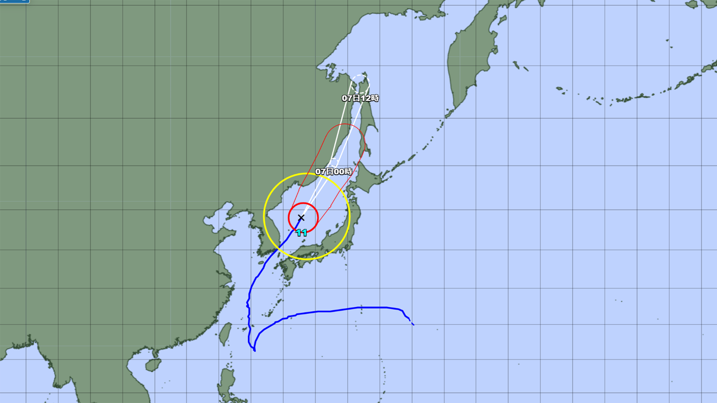 台風11号の予想経路図（気象庁、6日14時現在）