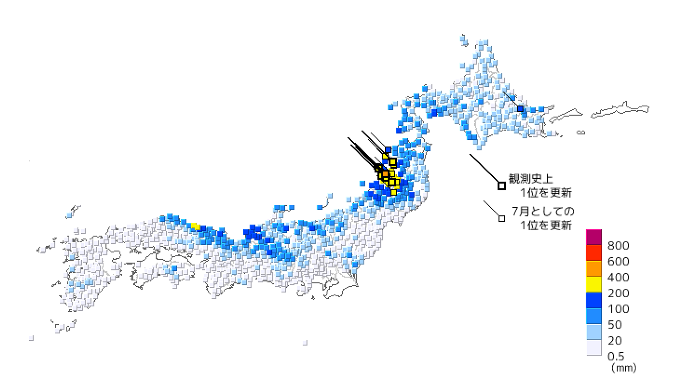 7月16日の各地の72時間降水量