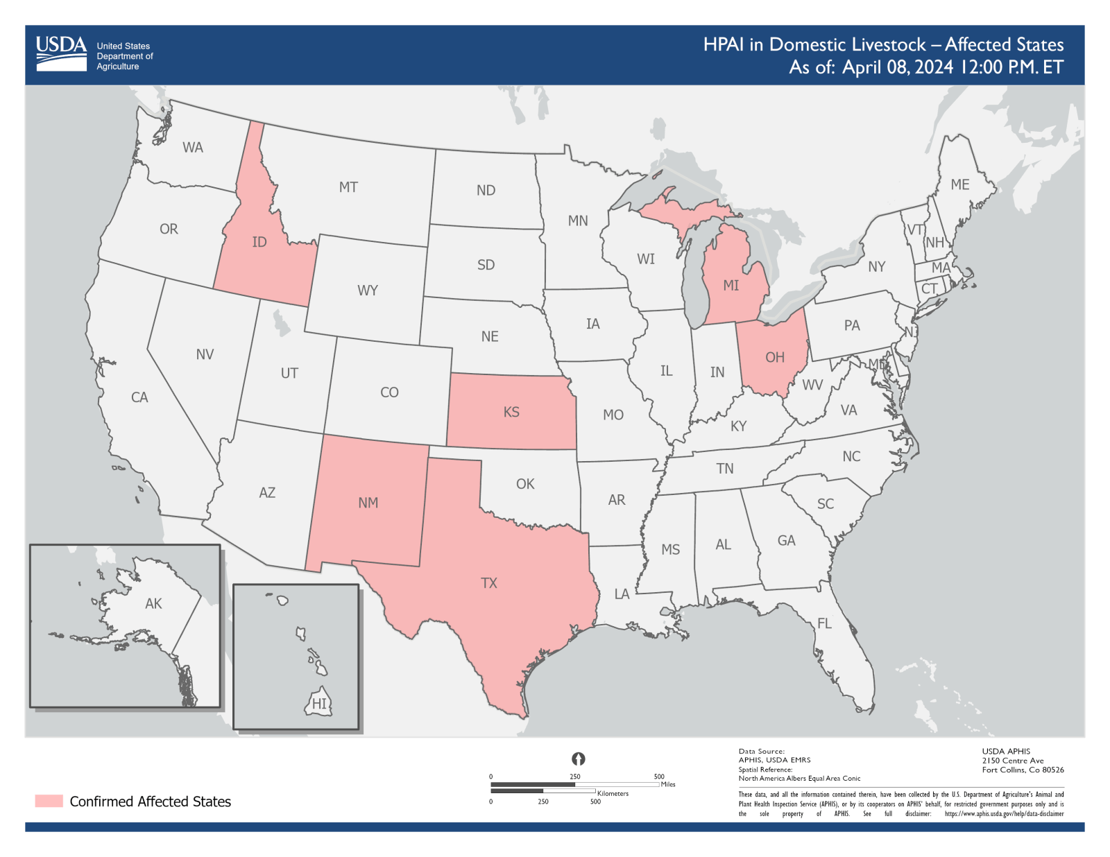 鳥インフルに感染した乳牛が確認された州（現地時間8日現在、USDAホームページより引用）