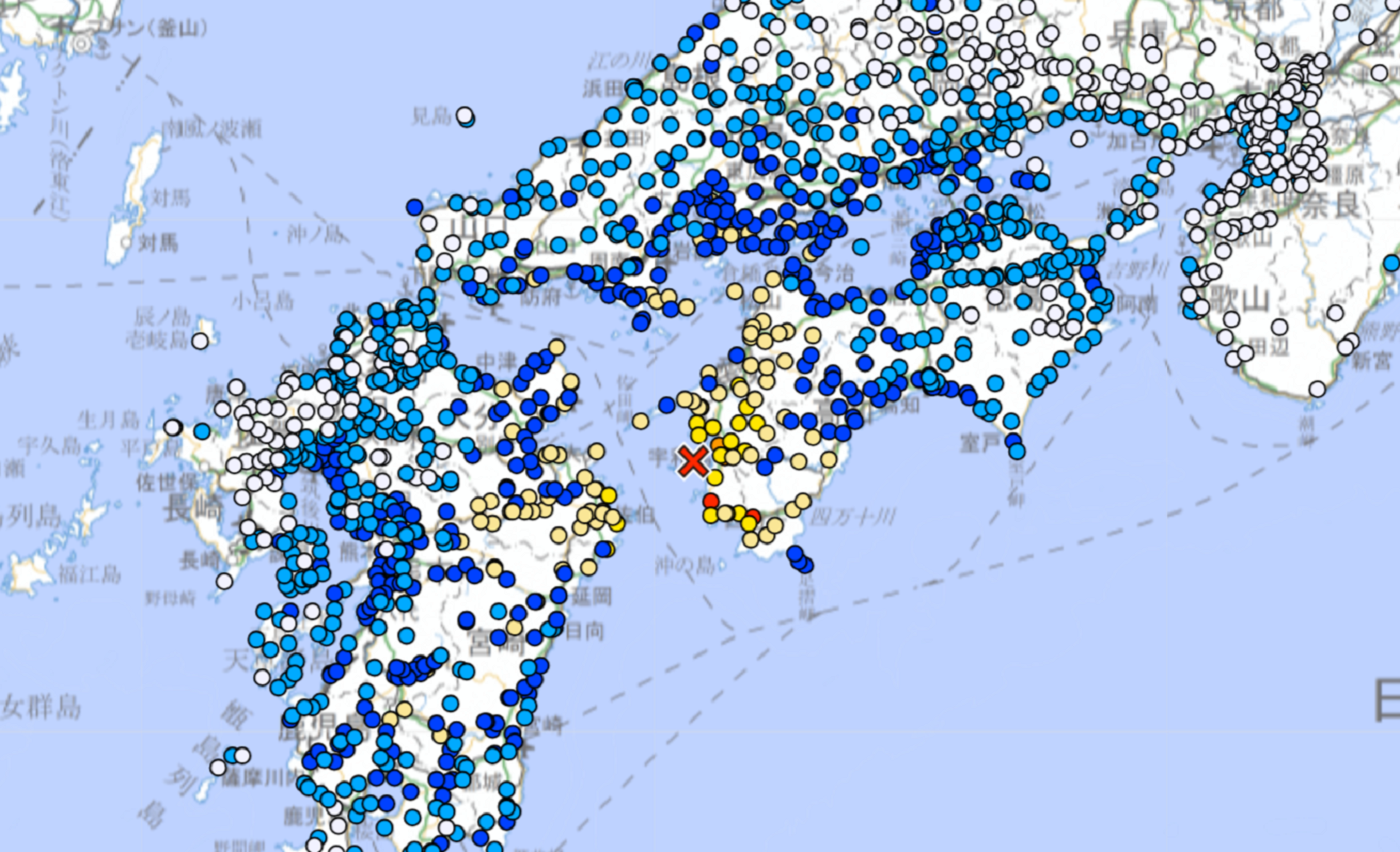 4月17日の地震では愛媛県や高知県で最大震度6弱を記録（気象庁ホームページから引用）