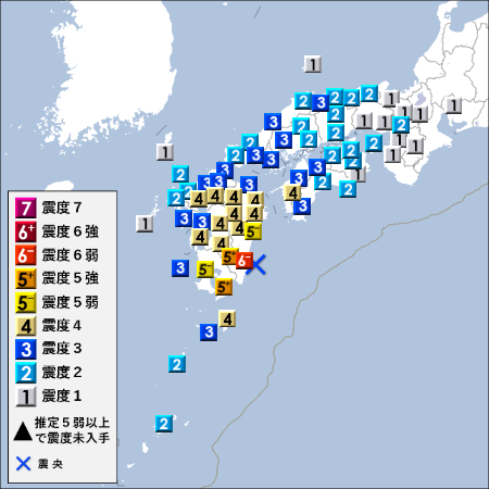 日向灘を震源とする8日の地震では最大震度6弱を記録（気象庁資料より）