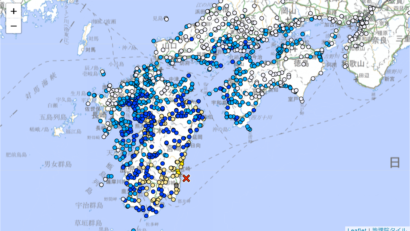 日向灘を震源とする13日夜の地震、最大震度5弱を記録（気象庁資料より）