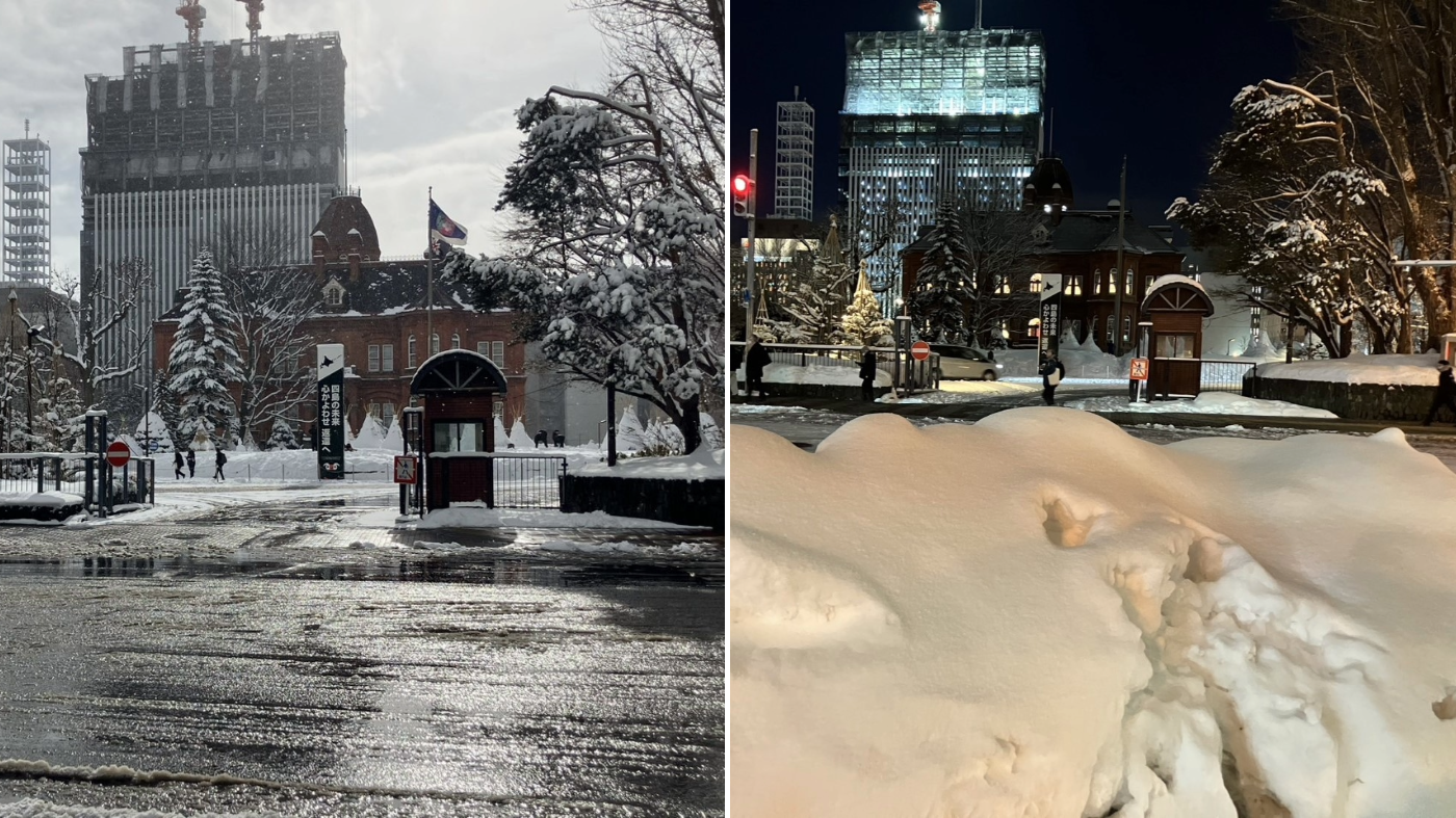 札幌市中央区の道庁旧本庁（赤レンガ庁舎）付近も1月は少雪だったが（写真左、1月30日撮影）、半月程度で多くの雪が降り積もった（写真右、2月13日撮影）