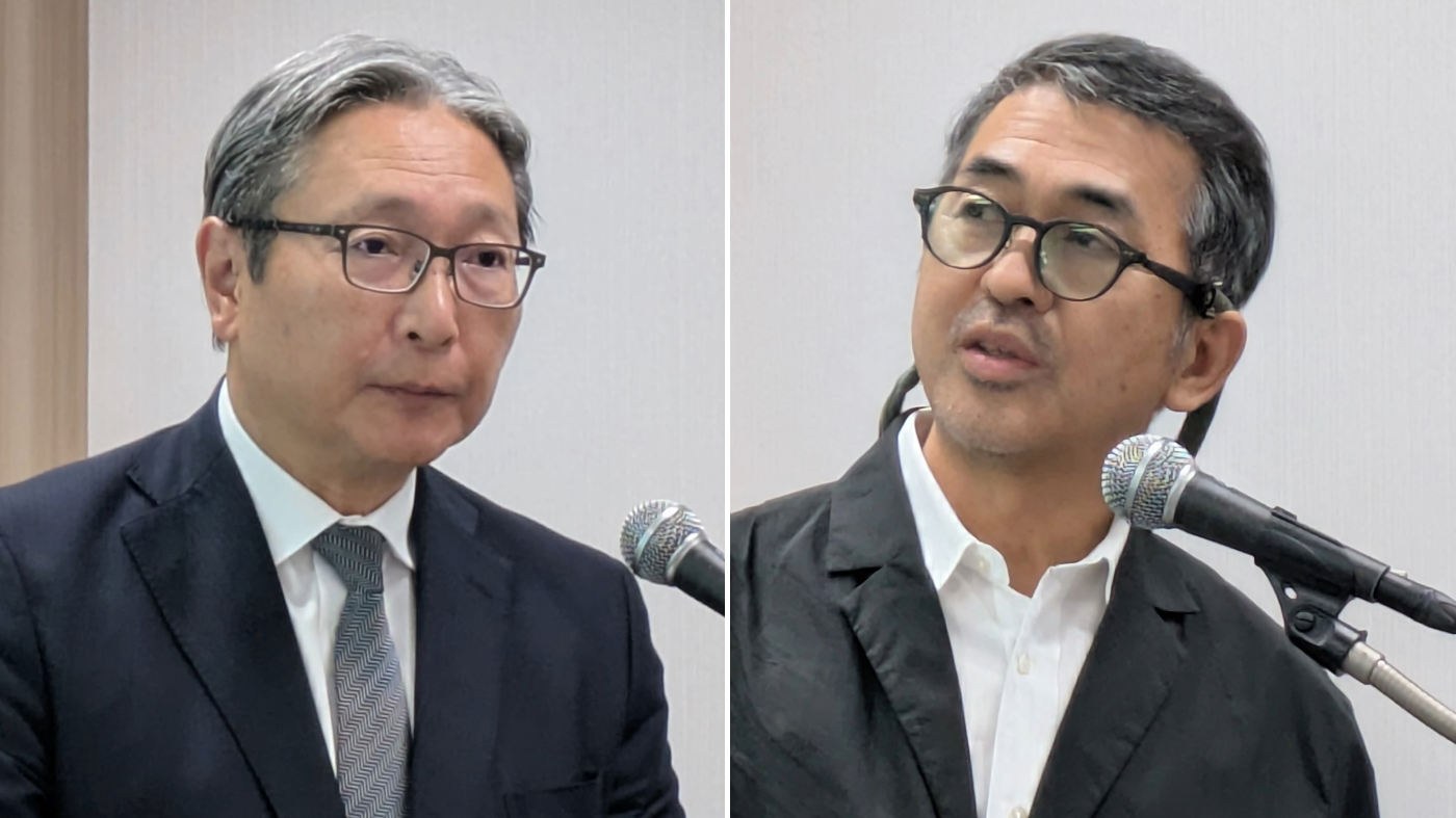 フォンテラジャパンの國本竜生社長(左)とファームエイジの小谷栄二代表(19日のメディア向け説明会で)
