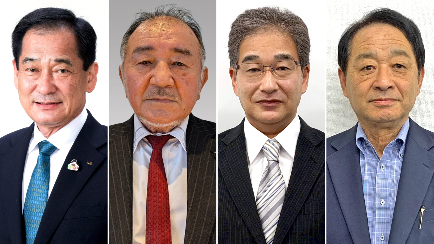 左から山野徹全中会長、柴田輝男酪政連委員長、菊池淳志中酪専務、山口長一山形県酪農協組合長