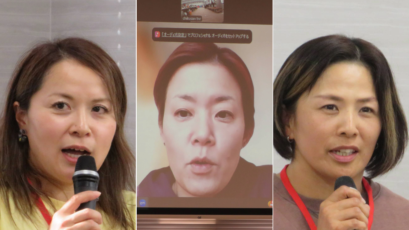 左から酪農女性サミット実行委員長も務める椛木円佳さん、子どもが体調不良のためWEB参加した小林晴香さん、陸別町・銀河牧場の村上裕子さん