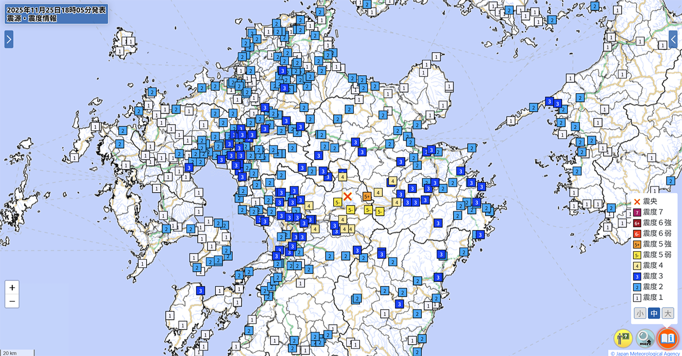 25日午後6時1分ごろ熊本県阿蘇地方で震度5強を観測した（気象庁ホームページより引用）