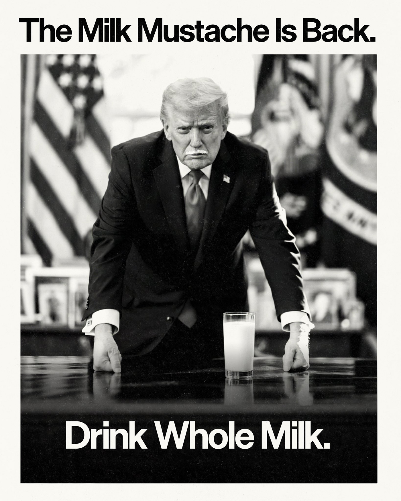 牛乳ひげのトランプ大統領と「牛乳を飲もう」のメッセージ（USDAのXから引用）