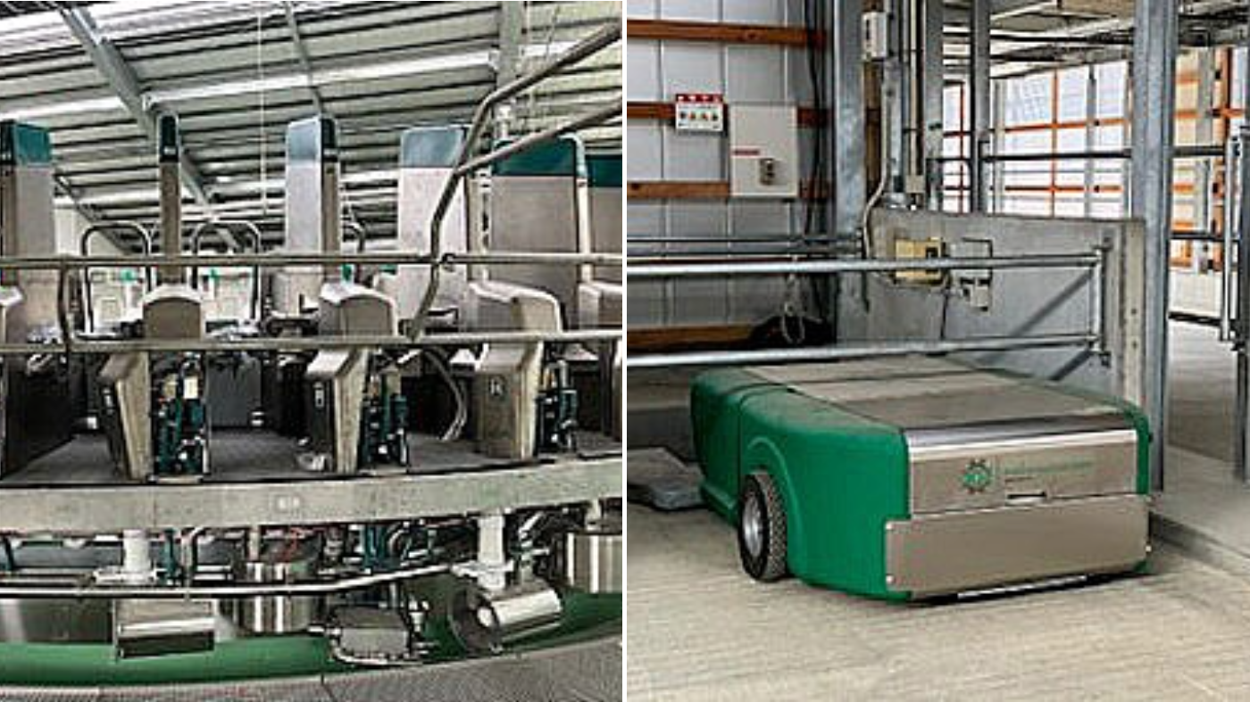 搾乳ロボット「Dairy Pro Q」（左）、糞尿回収ロボット「Barn-E」