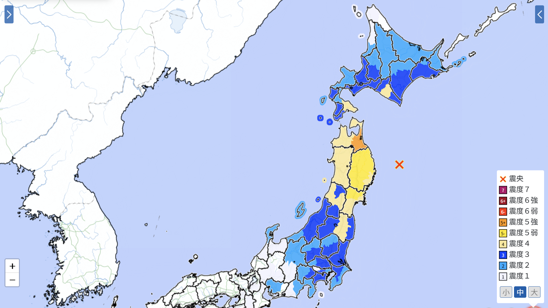 20日夕に発生した地震の震源と震度（気象庁ホームページより引用）