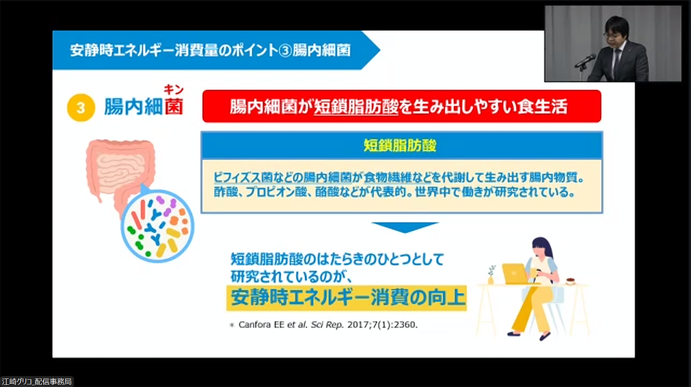 安静時エネルギー消費向上と腸内細菌のかかわりを説明する馬場悠平さん