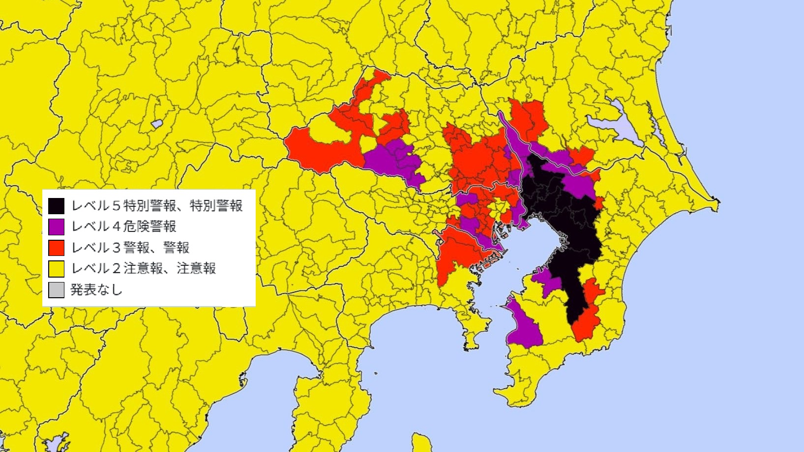 レベル5特別警報が発令された地域（気象庁ホームページより、一部加工）