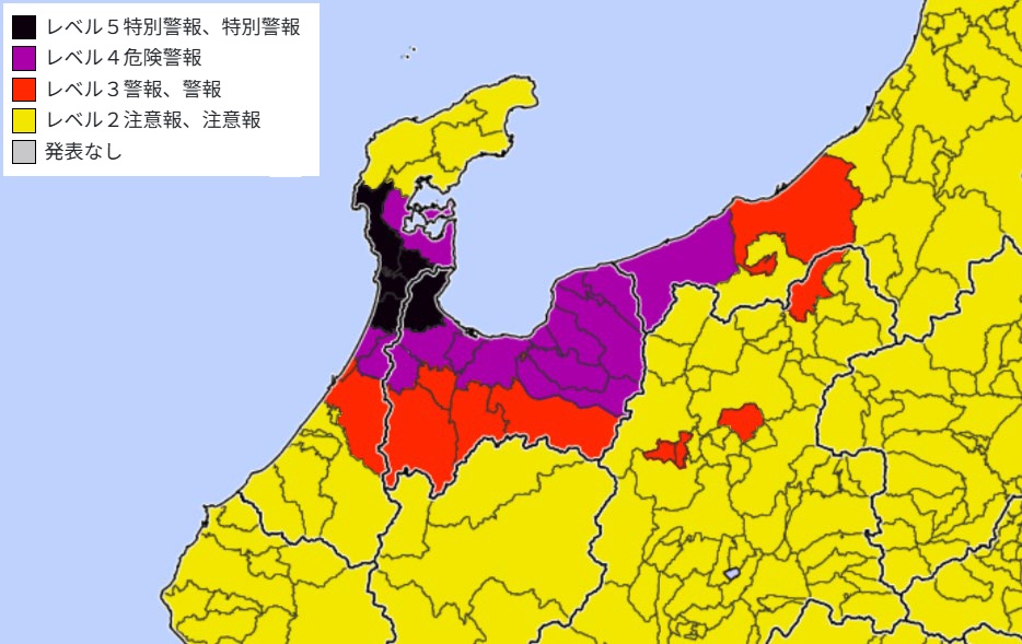 レベル5大雨特別警報が発令された地域（27日6時20分現在、気象庁ホームページより）