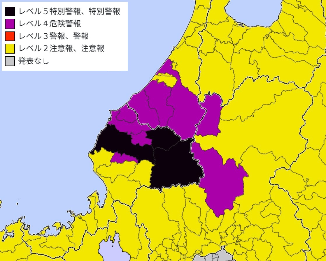 レベル5大雨特別警報が発令された地域（8月30日4時30分現在、気象庁ホームページより）
