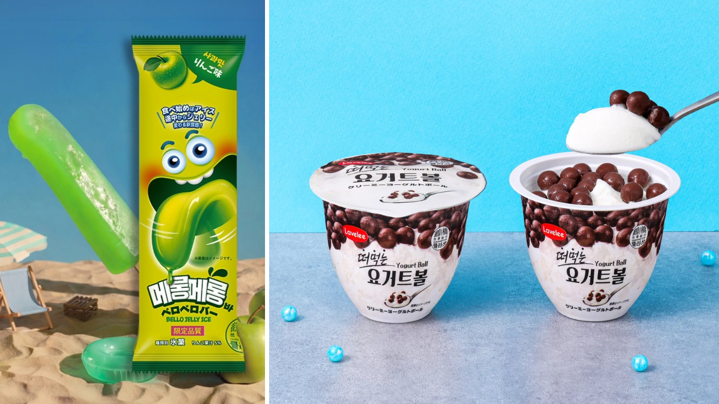 カラフルな見た目や食感が人気を集めた「ベロベロバー」（左）と「クリーミーヨーグルトボール」