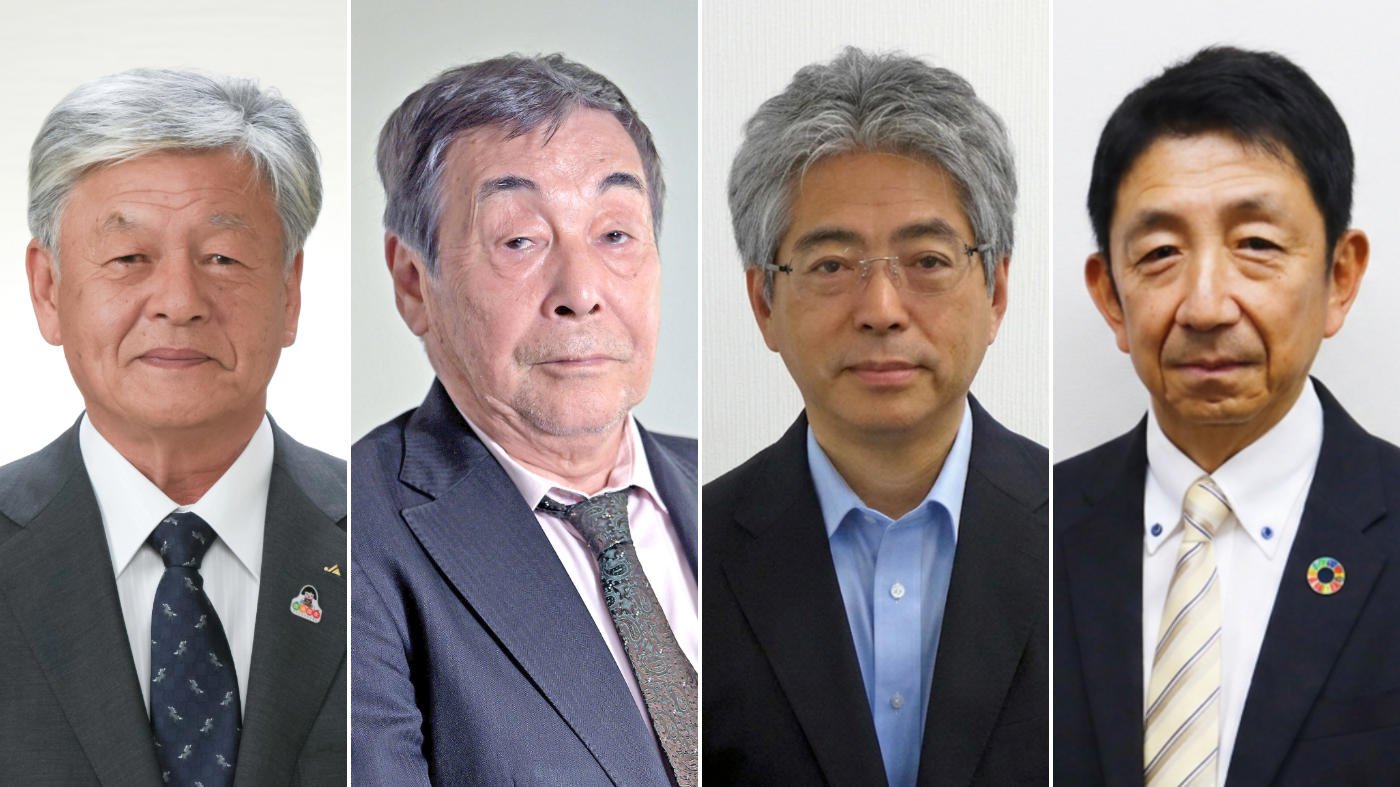 左から神農佳人JA全中会長、臼井勉日本酪農政治連盟委員長、本田光広中央酪農会議専務、岡田臣弘日本乳業協会専務